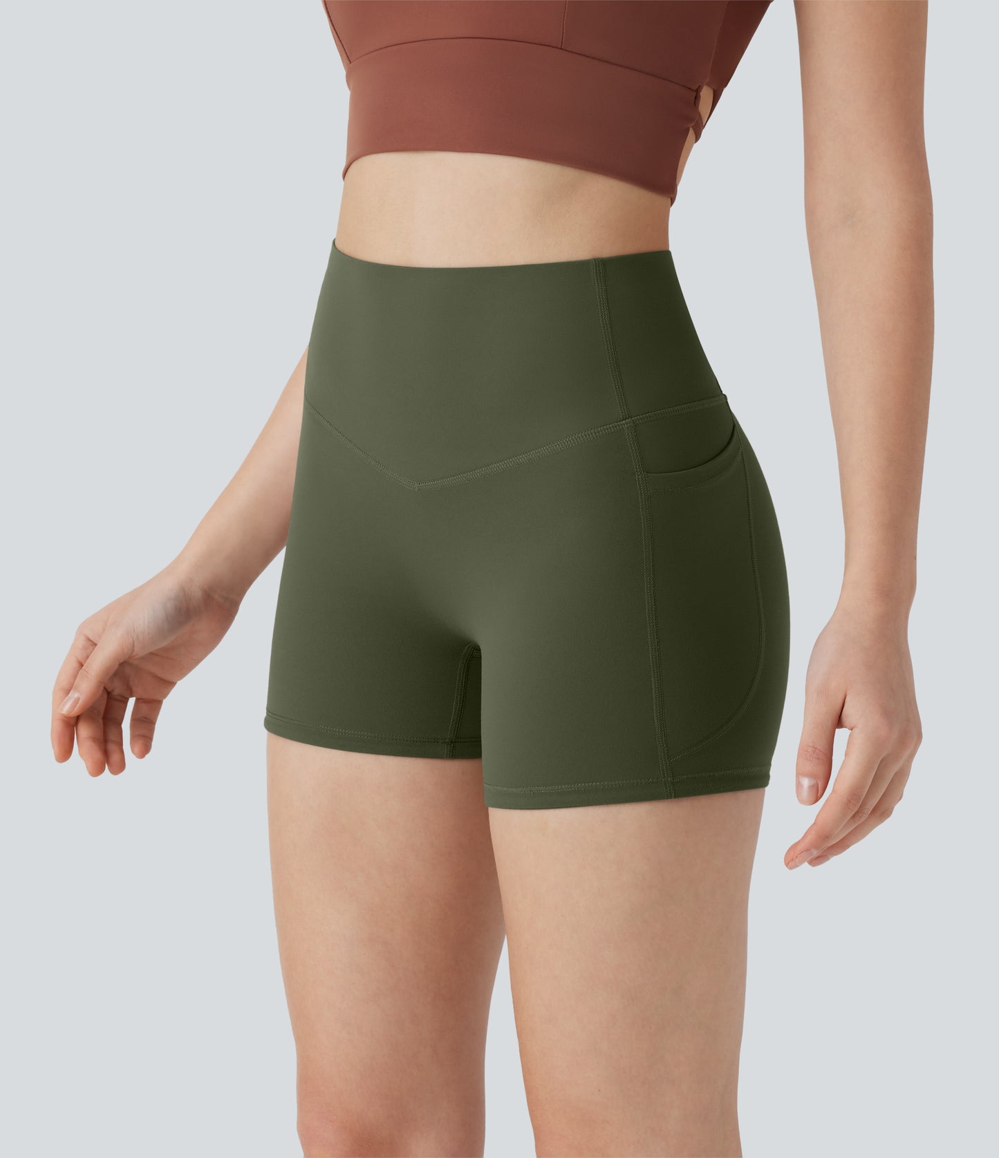 Hoch taillierte, bauchkontrollierende, formende Trainings-Bikershorts mit Tasche, 3 Zoll