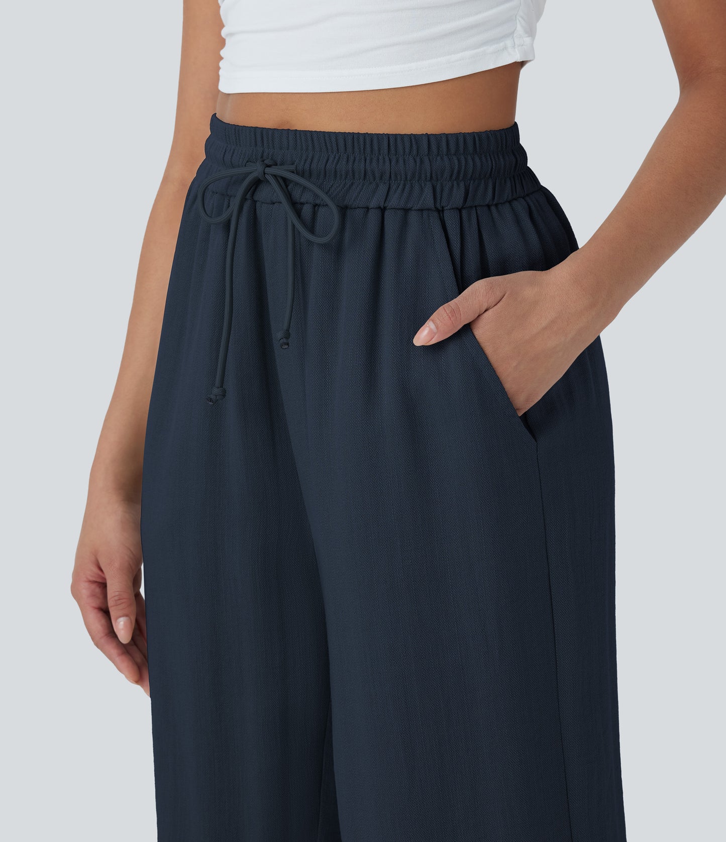 High Waisted Drawstring Wide Leg Cropped Casual Linen-Feel Pants with Pockets