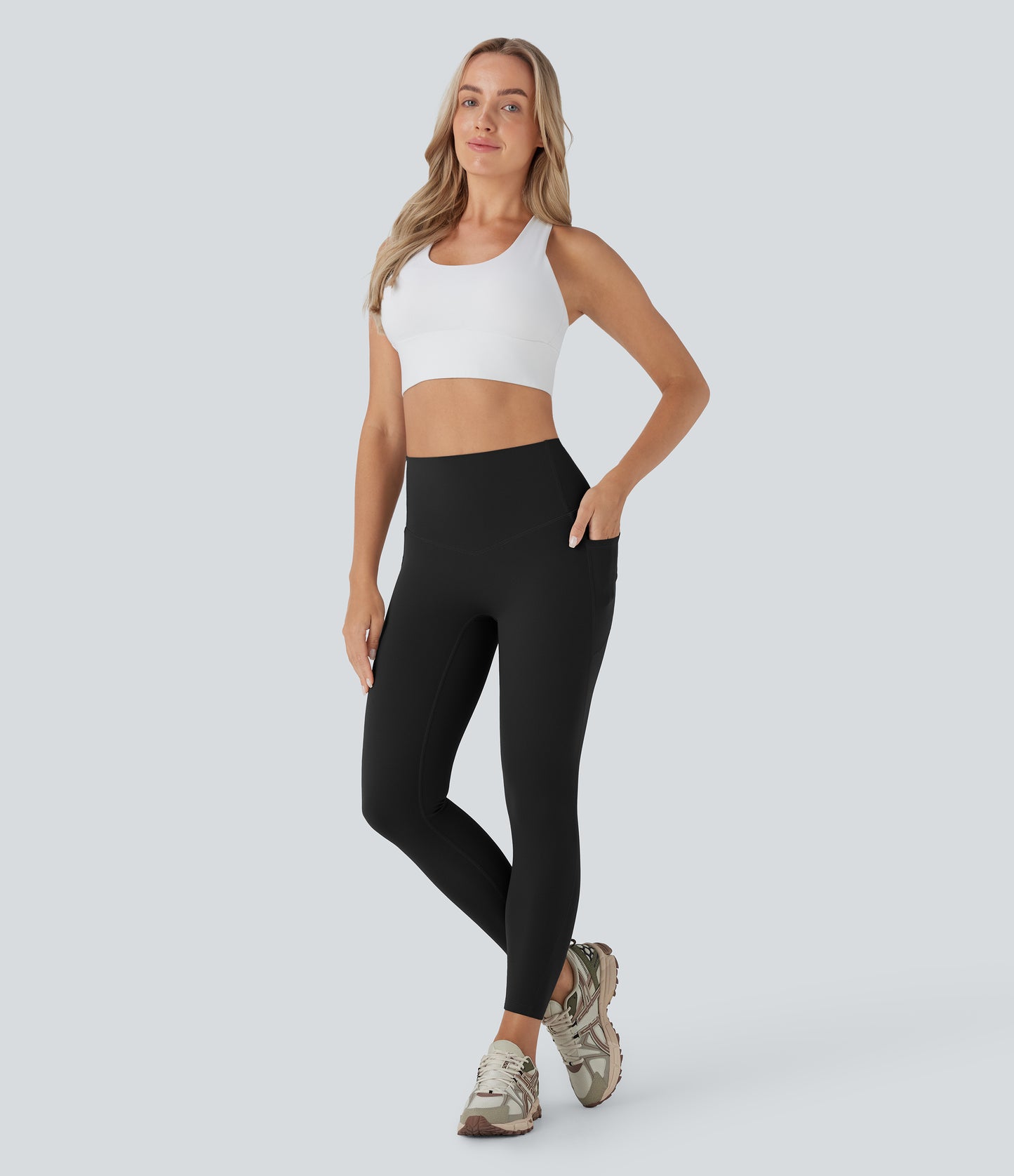 Hoch taillierte, bauchkontrollierende, integrierte Unterwäsche, antibakterielle, formende 7/8-Workout-Leggings mit Taschen