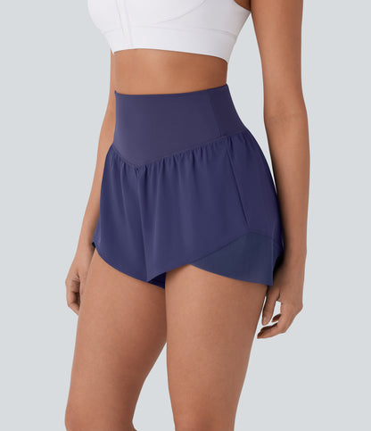 Schnelltrocknende Yoga-Shorts mit hoher Taille, überkreuztem Saum und Tasche