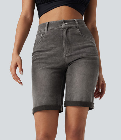 Lässige Bermuda-Shorts aus gewaschenem Denim mit hoch taillierten Taschen und gerolltem Saum