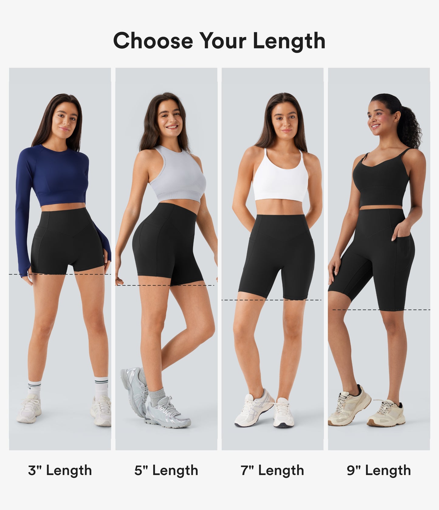 Høy midje, skrumpet rumpeløftende, magekontroll, lommeformende treningsbiker-shorts 7,5 cm