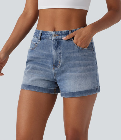 Mellomhøy midje med glidelåslommer og casual denimshorts 7,5 cm
