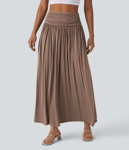 High Waisted Ruched Flowy Maxi Casual Skirt