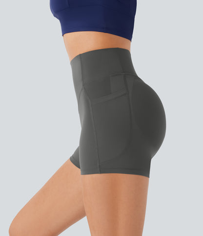 Høy midje, skrumpet rumpeløftende, magekontroll, lommeformende treningsbiker-shorts 7,5 cm