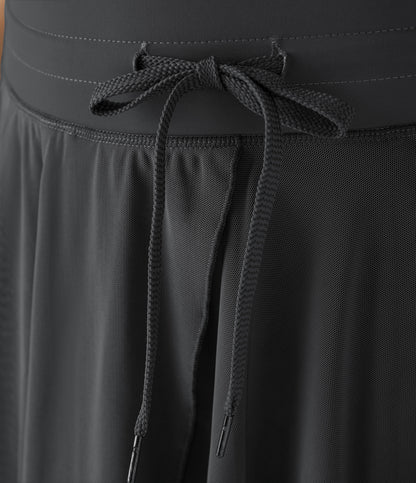 High Waisted Drawstring Contrast Mesh 2-in-1 Pocket Flowy Mini Flare Casual Skirt