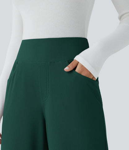 High Waisted Tummy Control Pockets Wide Leg Micro Waffle Work Pants