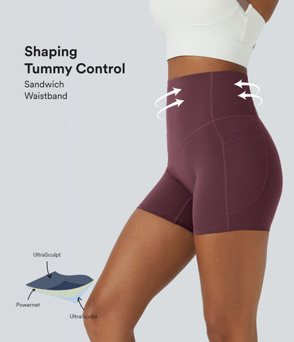 Høy midje magekontroll sidelommer formende treningsbiker shorts 12,5 cm