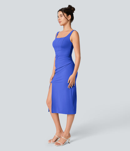 Square Neck Backless Corset Ruched Split Bodycon Midi Cool Touch Bridesmaid and Wedding Guest Dress