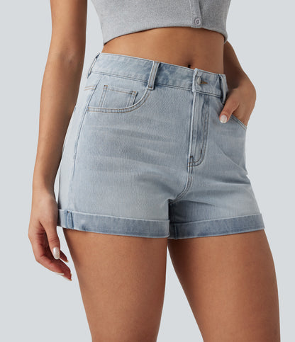 Mellomhøy midje med glidelåslommer og casual denimshorts 7,5 cm