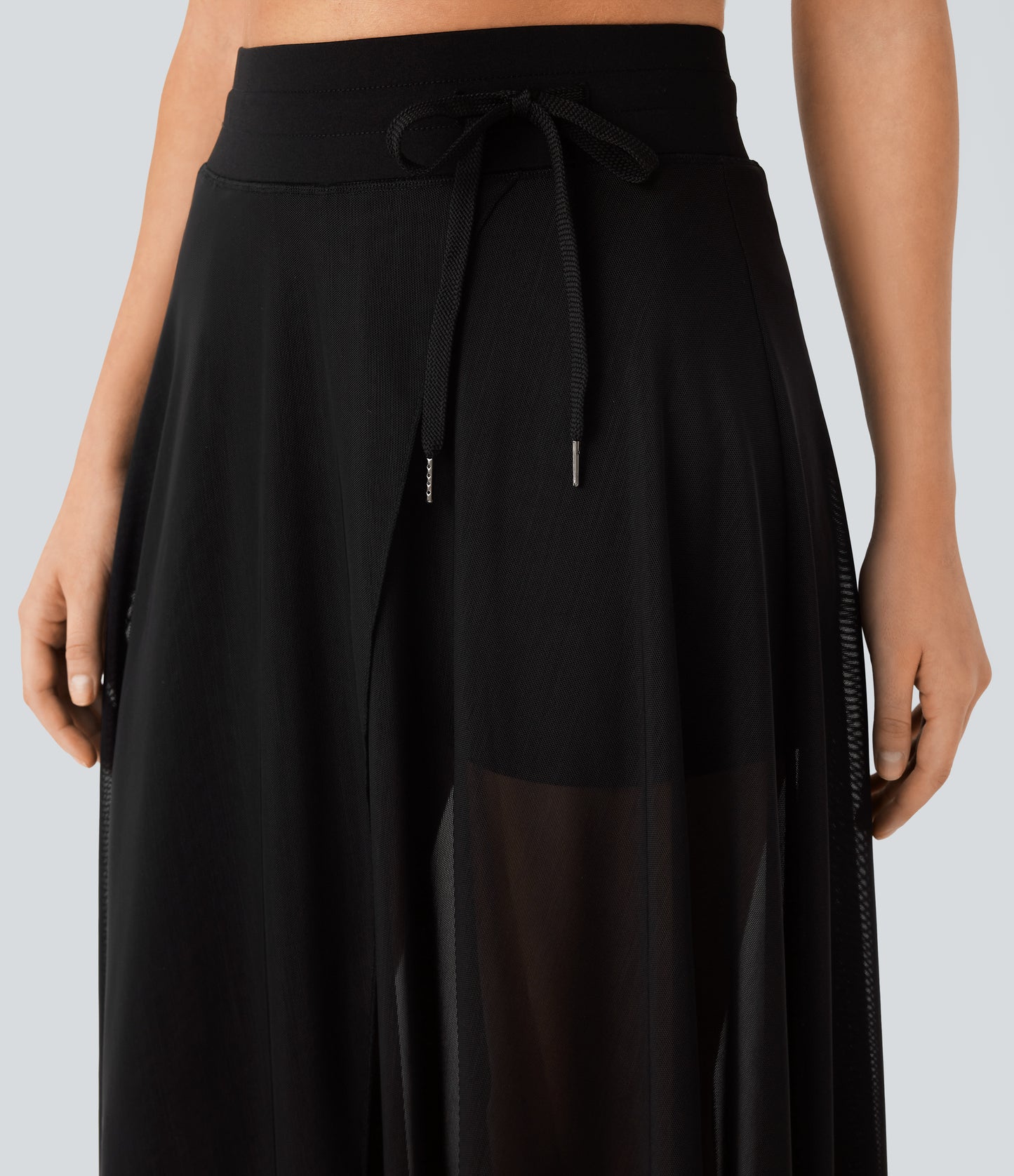 High Waisted Drawstring Contrast Mesh 2-in-1 Pocket Flowy Maxi Flare Casual Skirt