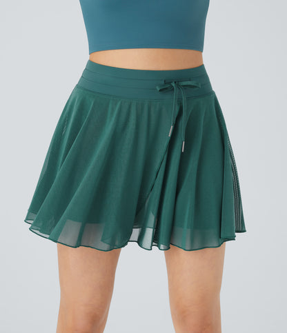 High Waisted Drawstring Contrast Mesh 2-in-1 Pocket Flowy Mini Flare Casual Skirt