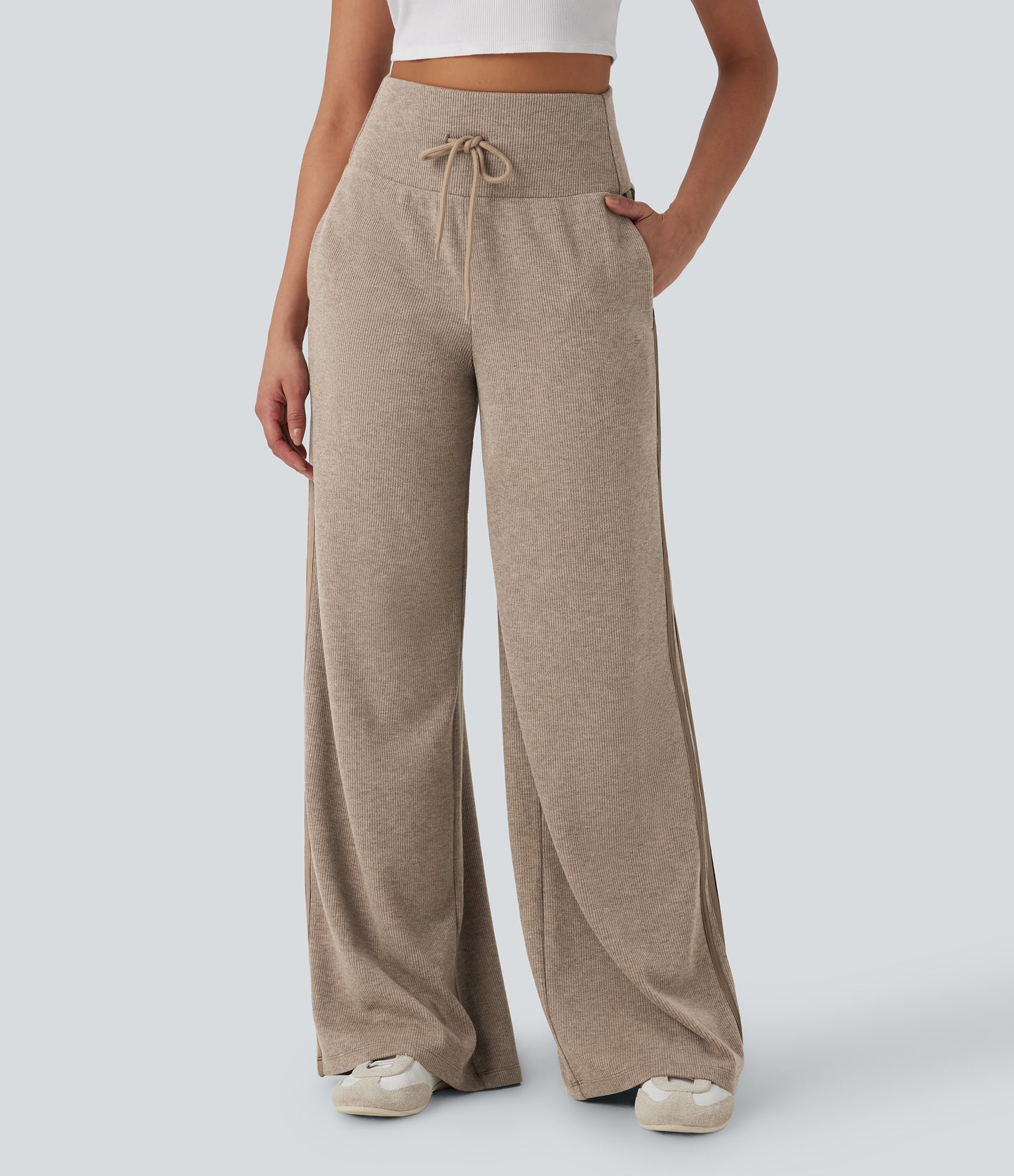 High Waisted Tummy Control Drawstring Wide Leg Color Block Casual Pants with Pockets