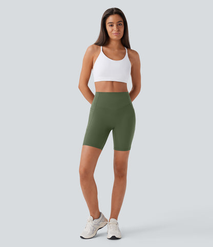 Høy midje, skrumpet rumpeløftende, magekontroll, formende treningsbiker-shorts med sidelommer, 18 cm