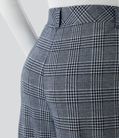High Waisted Pocket Wide Leg Houndstooth Plaid Casual Pants