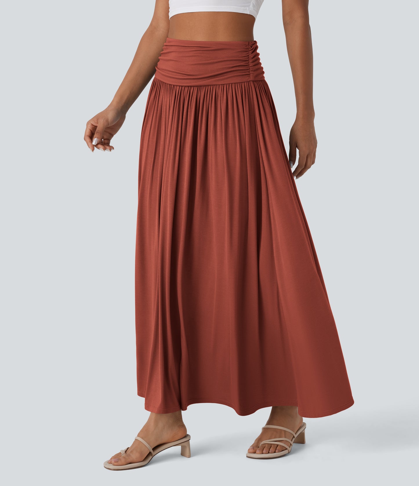 High Waisted Ruched Flowy Maxi Casual Skirt