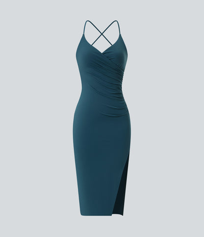Crossover Ruched Lace Up Bodycon Cool Touch Dress-UPF50+