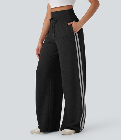 High Waisted Tummy Control Drawstring Wide Leg Color Block Casual Pants with Pockets