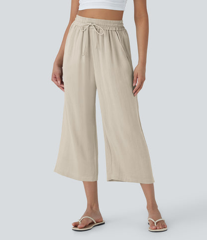 High Waisted Drawstring Wide Leg Cropped Casual Linen-Feel Pants with Pockets
