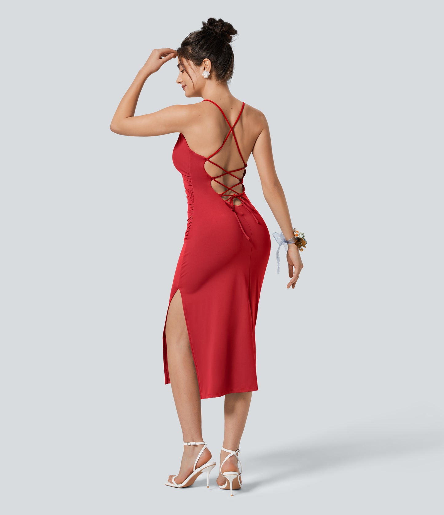 Crossover Ruched Lace Up Bodycon Cool Touch Dress-UPF50+