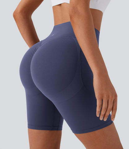 Høy midje, skrumpet rumpeløftende, magekontroll, formende treningsbiker-shorts med sidelommer, 18 cm