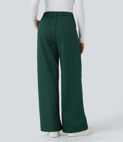 High Waisted Zipper Pocket Wide Leg Striped Work Pants
