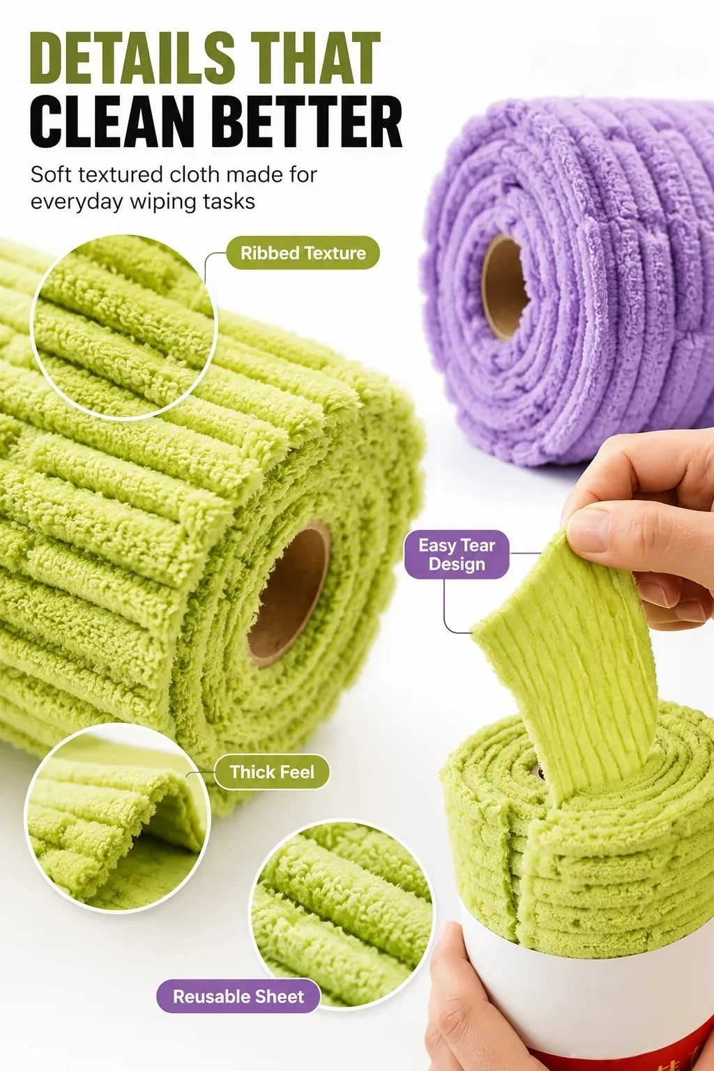 Multipurpose Reusable Tear-Off Cleaning Cloth Roll