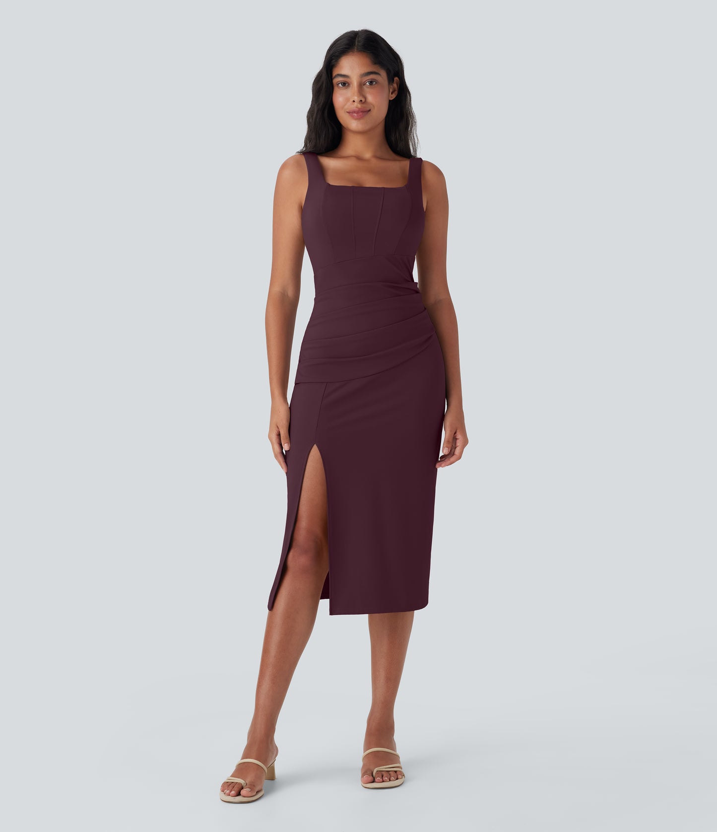 Square Neck Corset Ruched Bodycon Midi Cool Touch Dress-D/DD/DDD/F Cups