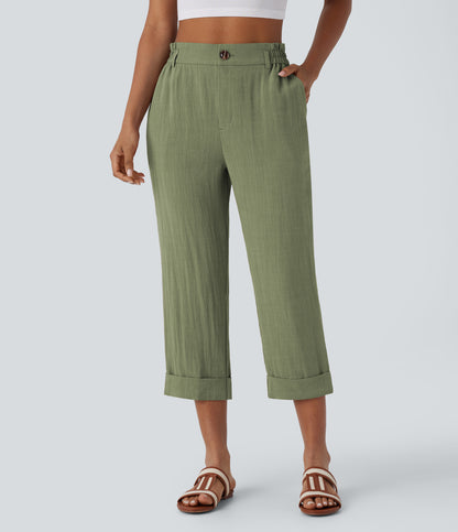 High Waisted Zipper Pocket Capri Linen-Feel Pants