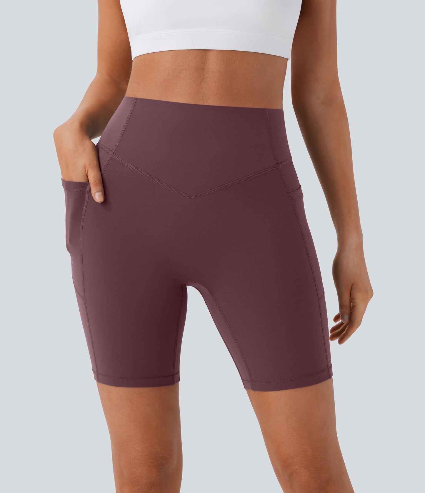 Høy midje, skrumpet rumpeløftende, magekontroll, formende treningsbiker-shorts med sidelommer, 18 cm