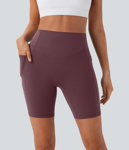 Høy midje, skrumpet rumpeløftende, magekontroll, formende treningsbiker-shorts med sidelommer, 18 cm