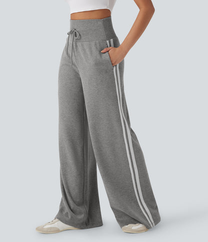 High Waisted Tummy Control Drawstring Wide Leg Color Block Casual Pants with Pockets