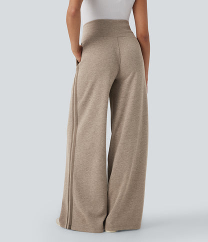 High Waisted Tummy Control Drawstring Wide Leg Color Block Casual Pants with Pockets