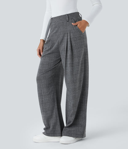 High Waisted Pocket Wide Leg Houndstooth Plaid Casual Pants