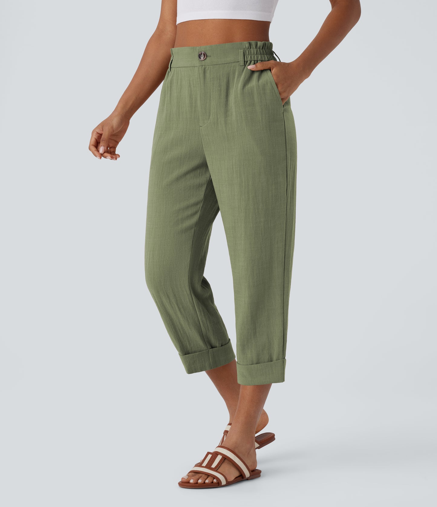 High Waisted Zipper Pocket Capri Linen-Feel Pants
