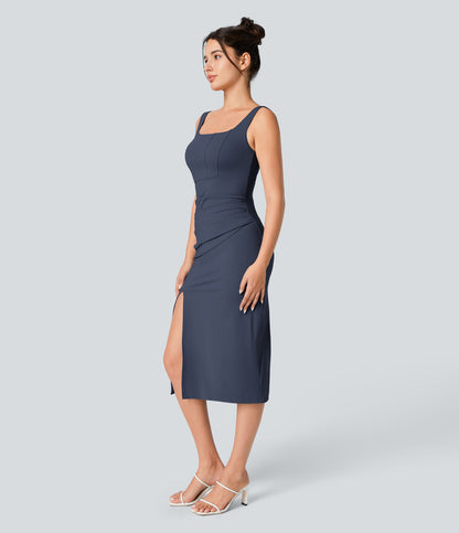 Square Neck Backless Corset Ruched Split Bodycon Midi Cool Touch Bridesmaid and Wedding Guest Dress