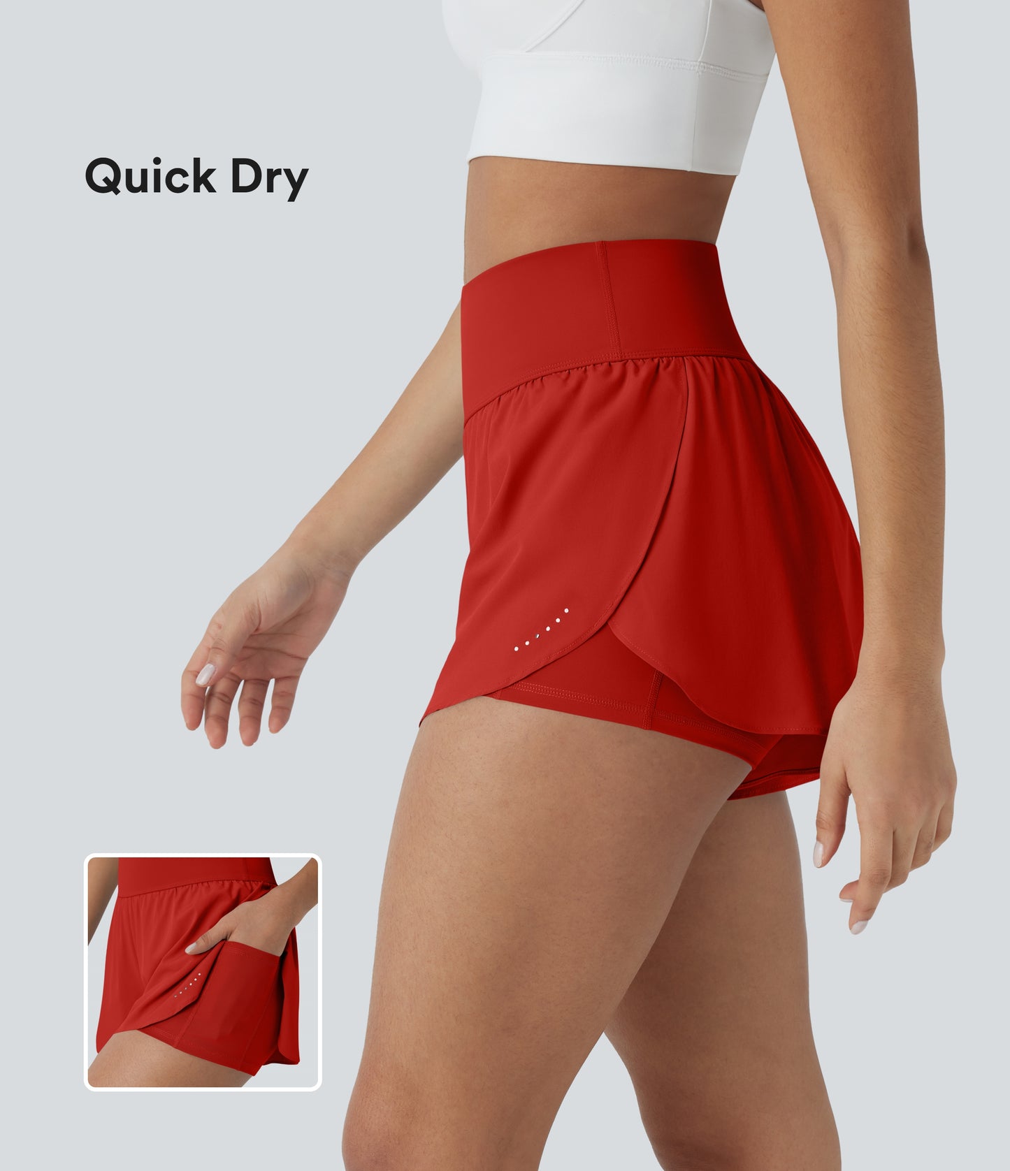QuickDry Laufshorts mit hoher Taille, reflektierenden Punkten, überkreuztem Saum und 2-in-1-Taschen