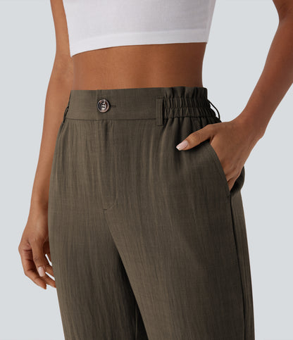 High Waisted Zipper Pocket Capri Linen-Feel Pants