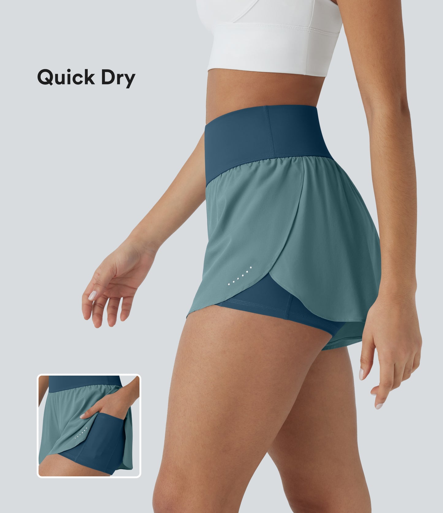 QuickDry Laufshorts mit hoher Taille, reflektierenden Punkten, überkreuztem Saum und 2-in-1-Taschen