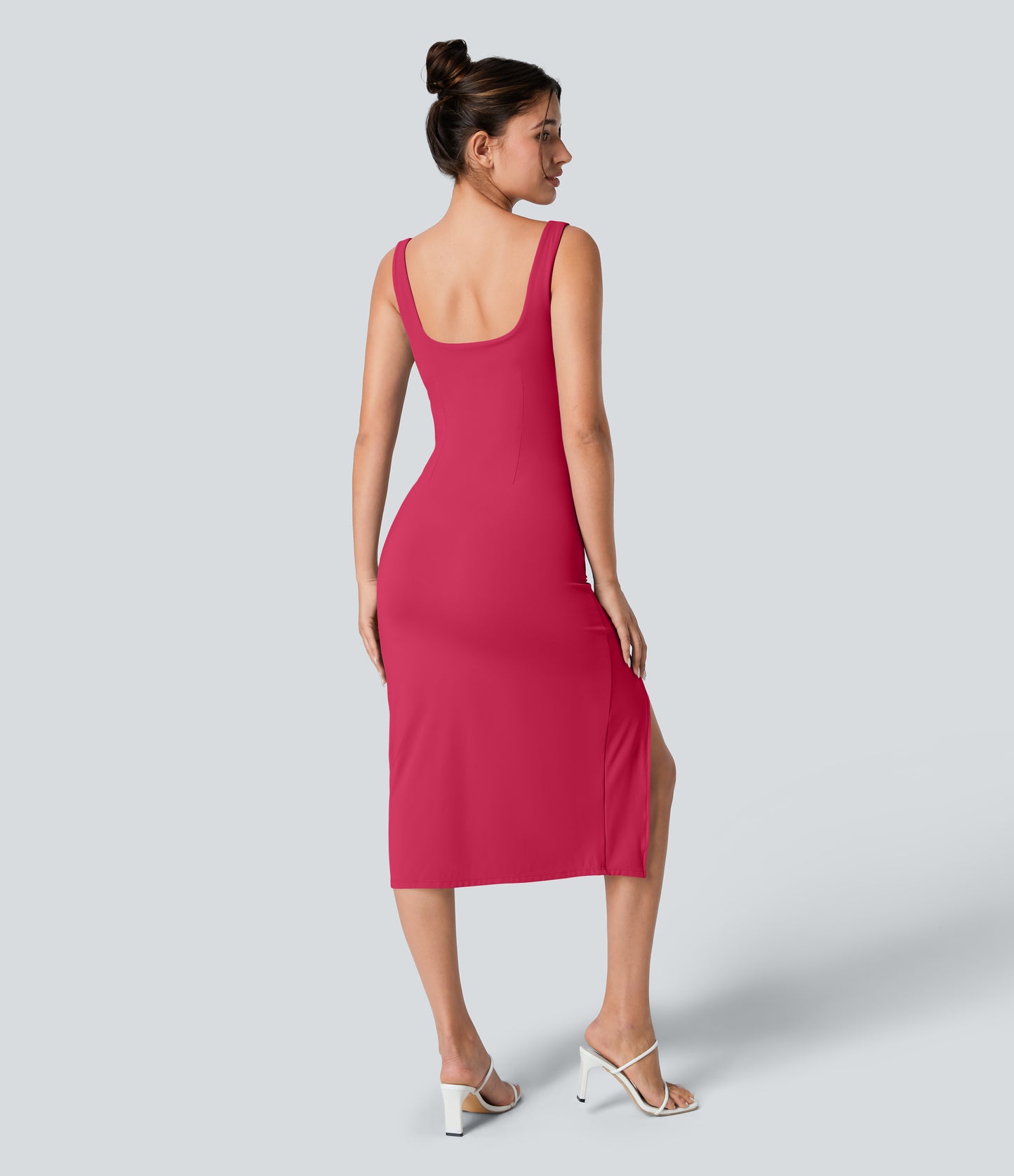 Square Neck Backless Corset Ruched Split Bodycon Midi Cool Touch Bridesmaid and Wedding Guest Dress