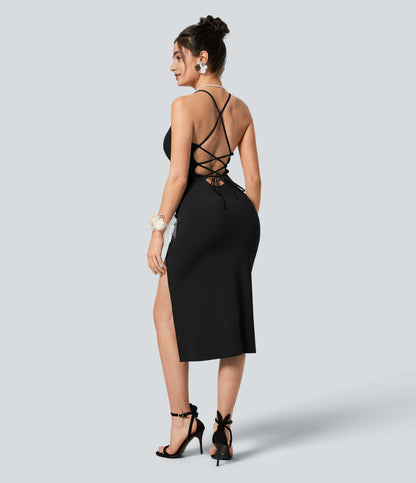 Crossover Ruched Lace Up Bodycon Cool Touch Dress-UPF50+