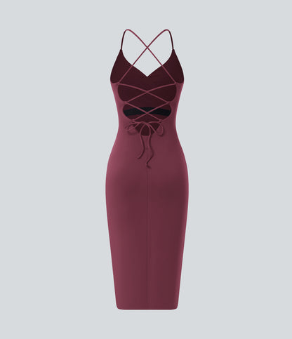 Crossover Ruched Lace Up Bodycon Cool Touch Dress-UPF50+