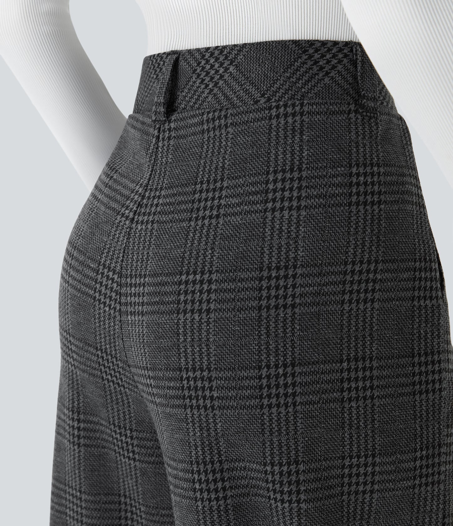 High Waisted Pocket Wide Leg Houndstooth Plaid Casual Pants