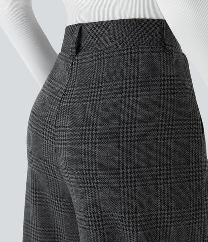 High Waisted Pocket Wide Leg Houndstooth Plaid Casual Pants