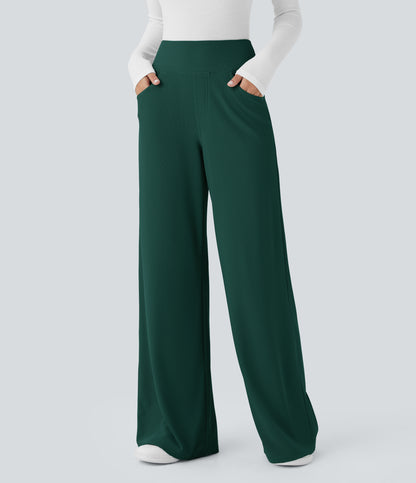 High Waisted Tummy Control Pockets Wide Leg Micro Waffle Work Pants