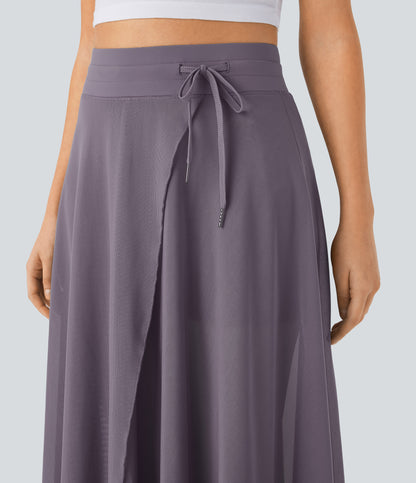 High Waisted Drawstring Contrast Mesh 2-in-1 Pocket Flowy Maxi Flare Casual Skirt