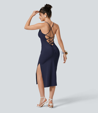 Crossover Ruched Lace Up Bodycon Cool Touch Dress-UPF50+