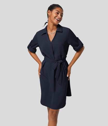 Roll Up Sleeve Belted Relaxed Work Shirt Dress
