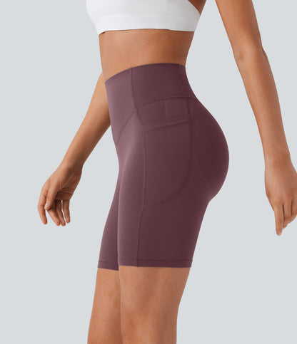 Høy midje, skrumpet rumpeløftende, magekontroll, formende treningsbiker-shorts med sidelommer, 18 cm