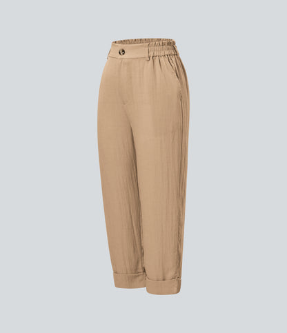 High Waisted Zipper Pocket Capri Linen-Feel Pants